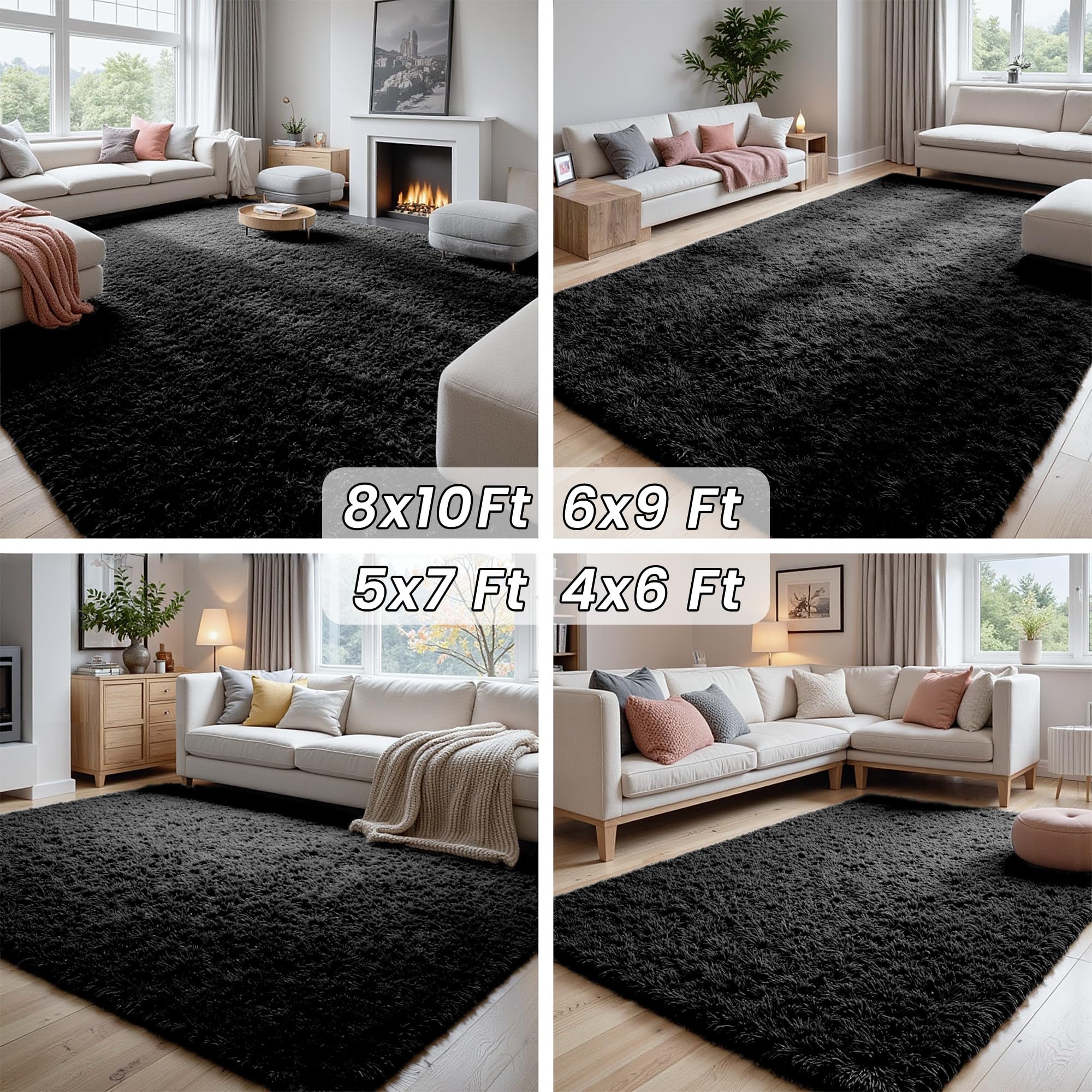 8x10 Fluffy Shag Area Rugs for Living Room Bedroom: Soft Plush Carpet Black