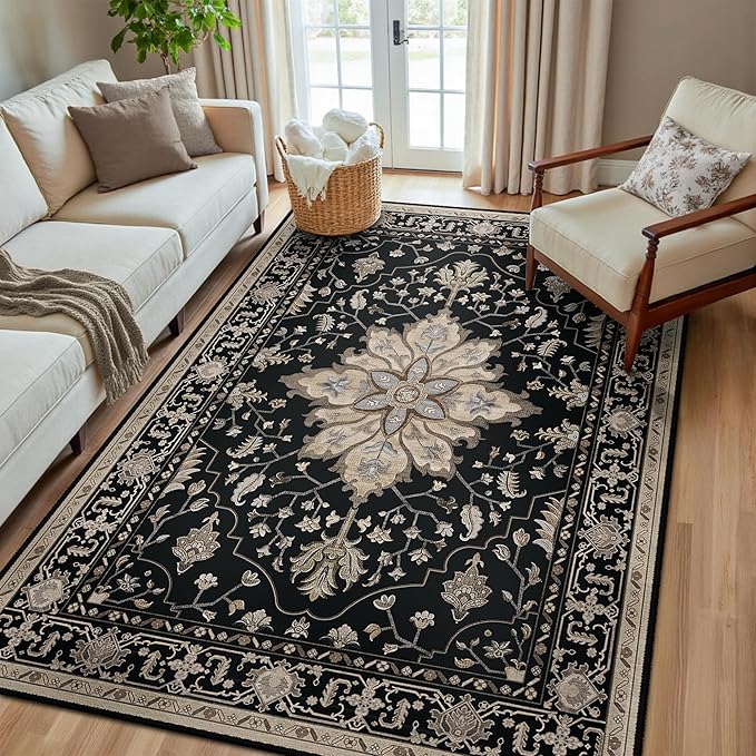 RELEANY Washable Area Rug, 5'x8', Black/Neutral