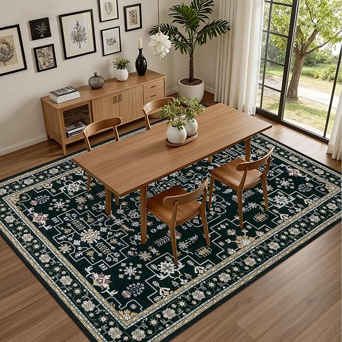 ExpediX 10x14 Area Rugs Living Room: Washable Vintage Rug for Bedroom Black