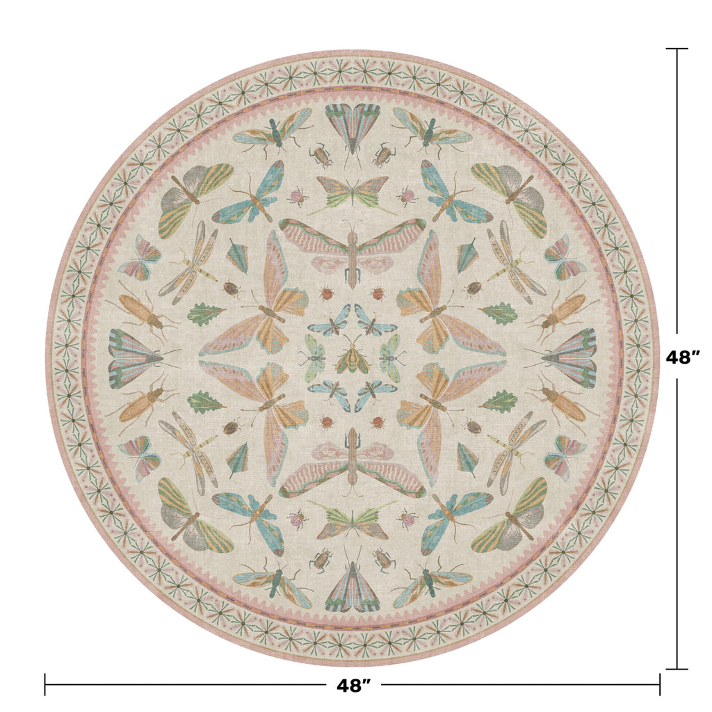 Boho Light Pink Round Rugs for Kids Bedroom - 4 ft Unique Circle Area Rugs for Baby Nursery, Washable Low Pile & Soft Cute Throw Rugs for Living Room, Playroom, Reading Corner, Fun Insect Décor
