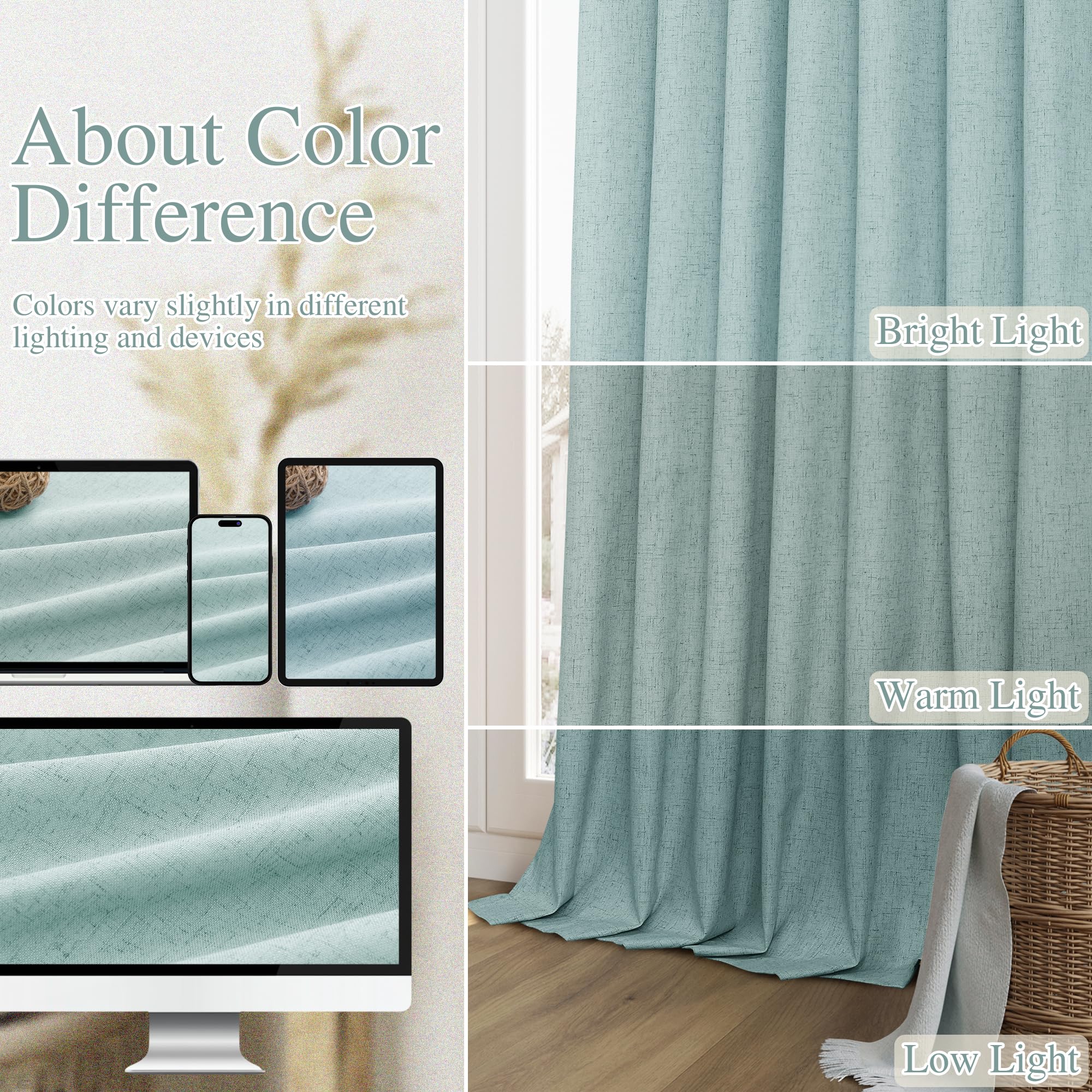 Guken Light Blue 100% Blackout Linen Curtains 108 Inch Length 2 Panels Set for Living Room Bedroom Back Tab/Rod Pocket Thermal Insulated Black Out Drapes Room Darkening Farmhouse Window Curtains
