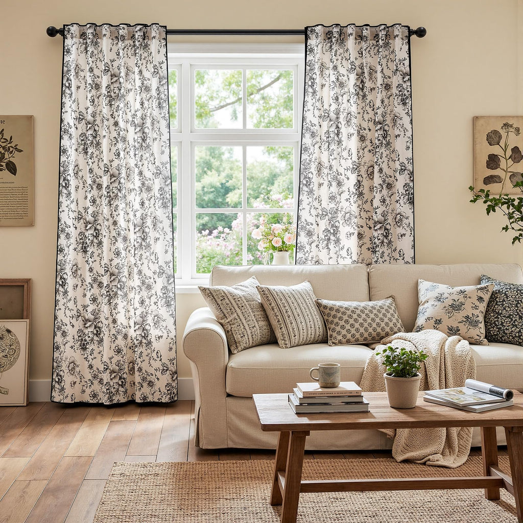 jinchan Vintage Floral Linen Curtains 84 Long for Living Room 2 Panels