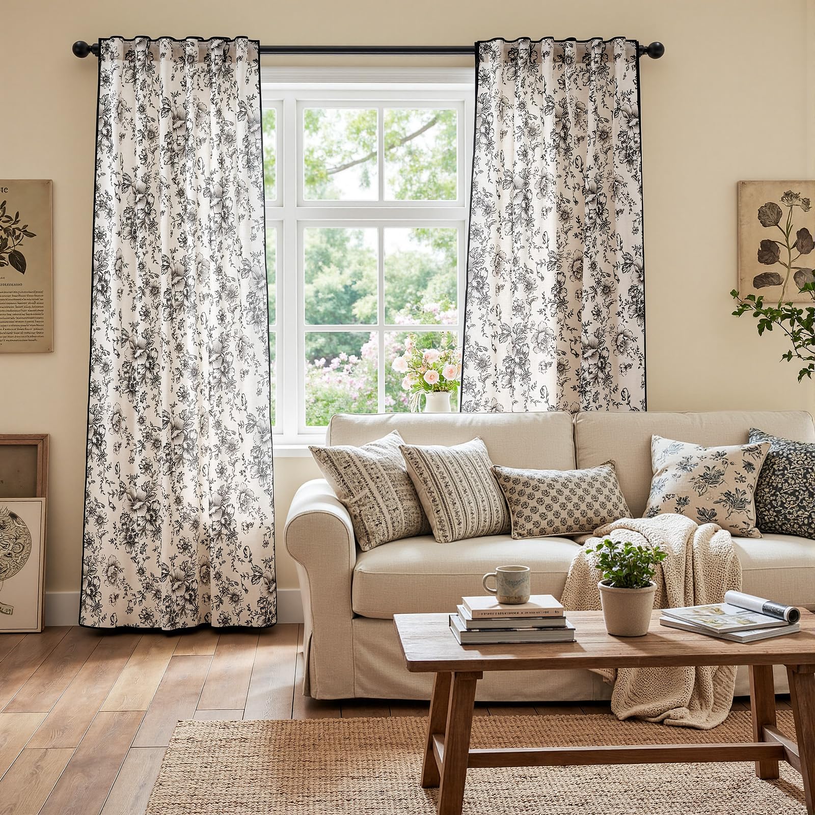 jinchan Vintage Floral Linen Curtains 84 Long for Living Room 2 Panels