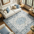 Area Rugs Square 6ft Washable Non-Slip, Floral Vintage Distress Print Pattern Medallion Carpet for Living Room Bedroom Dining Room, Light Blue Navy Beige Gray White