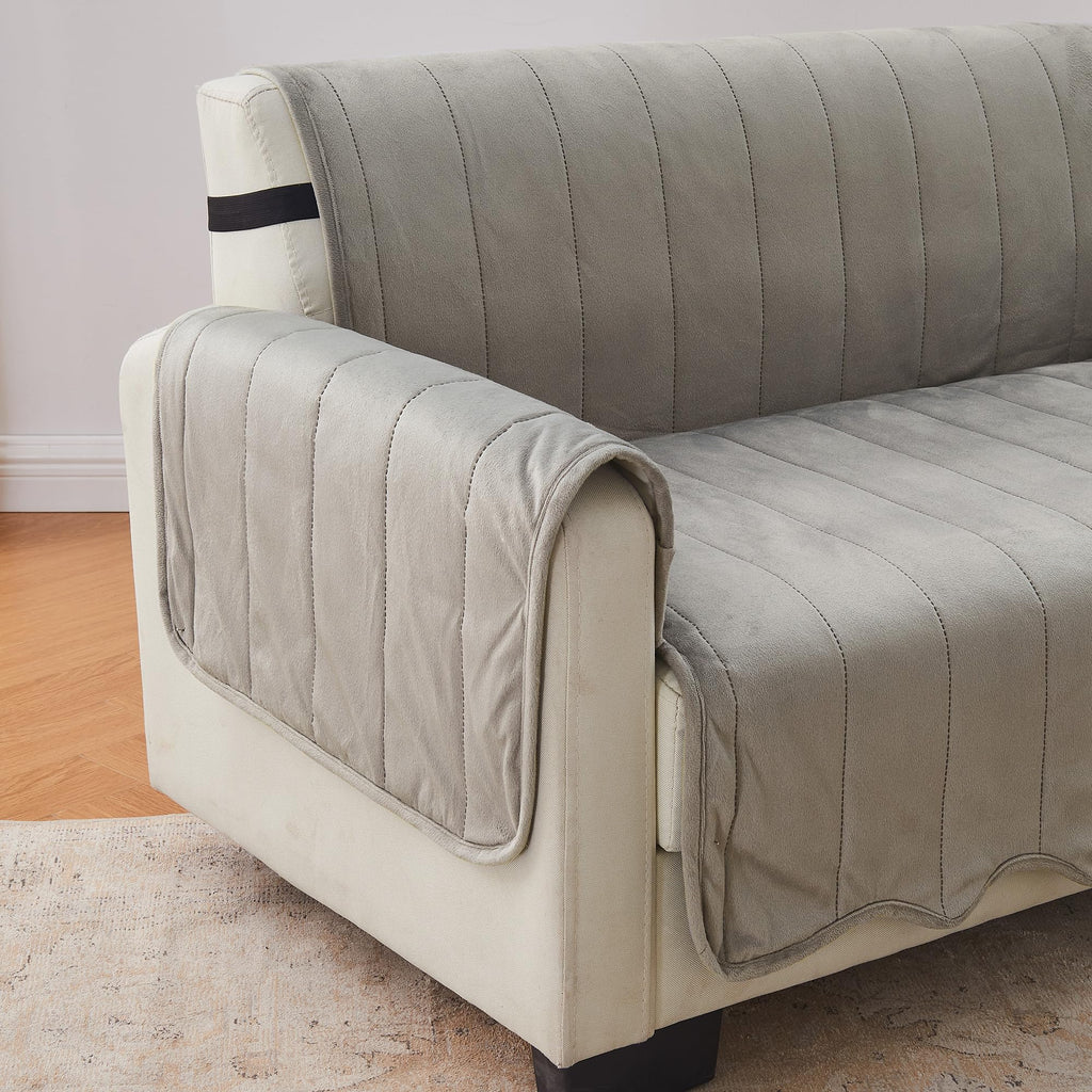 Great Bay Home Velvet Chair Cover - Washable Slipcover Furniture Protector with Elastic Straps - Furniture Cover for Dogs, Kids, and Pets - Stitched Detail (Wild Dove Grey)