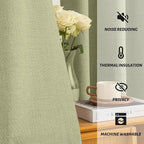 Yakamok Sage Green Linen Curtains 100% Blackout 96 Inches Long,Room Darkening Textured Curtains for Living Room Thermal Grommet Bedroom Curtain 2 Panels with Greyish White Liner