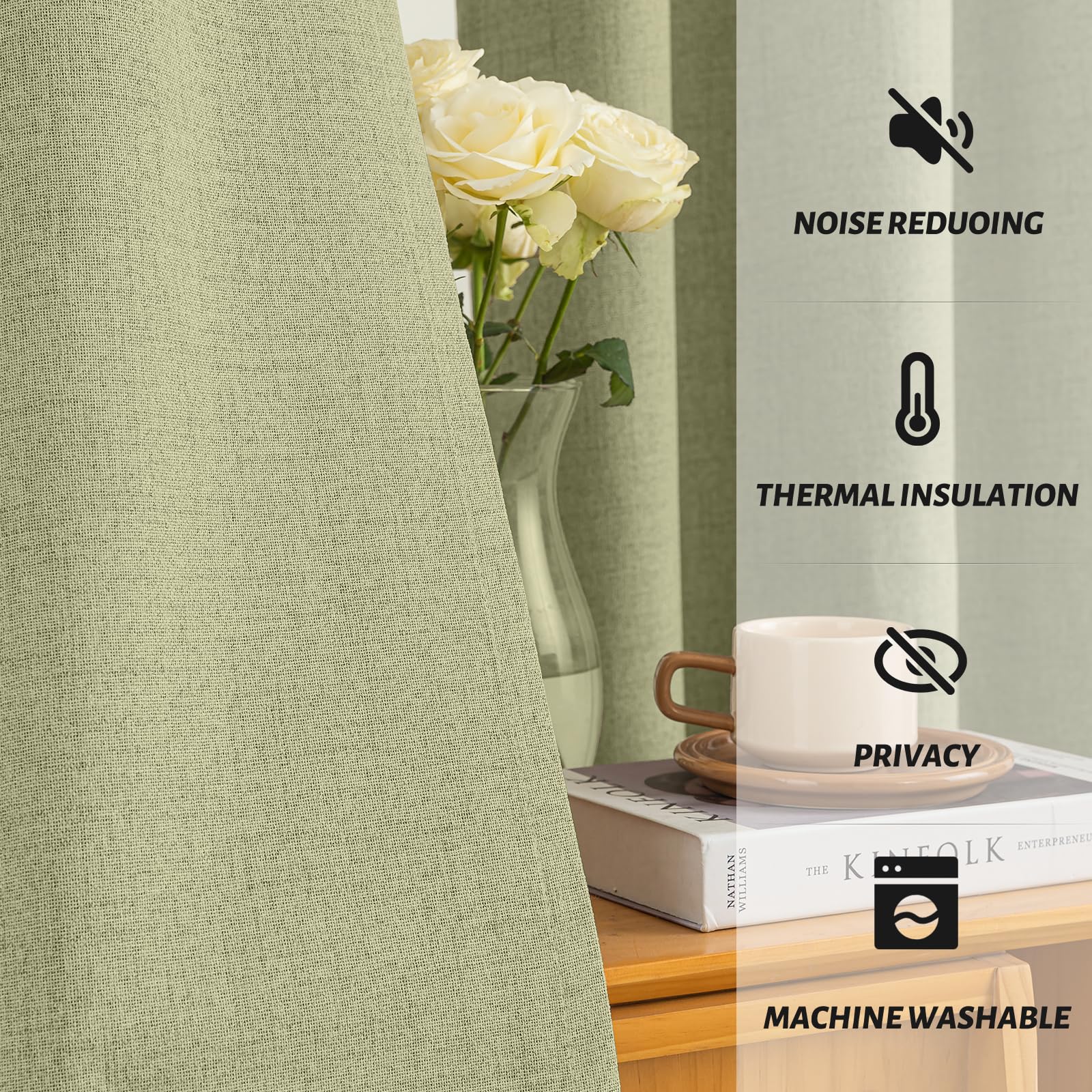 Yakamok Sage Linen Textured Curtains 72 Inches Long for Living Room