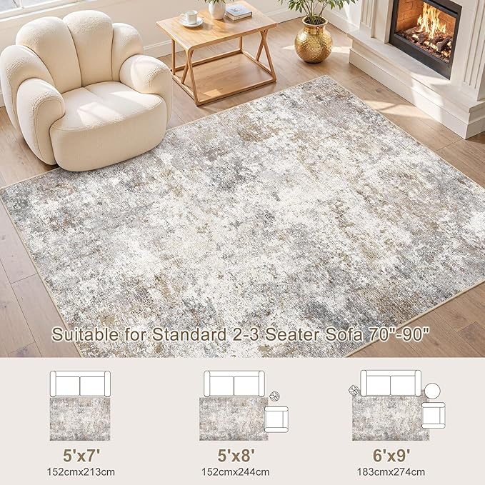 UERMEI 5x8 Area Rug Living Room Rugs Washable Neutral Brown Grey Carpet