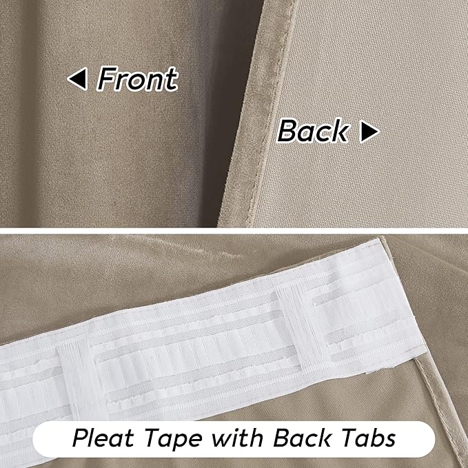 RYB HOME Camel Beige Velvet Curtains with Hook Tape, Extra Wide Thermal Insulated Privacy Protect Decorative Drapes for Living Room, W 62 x L 96 inches, 2 Panels Set