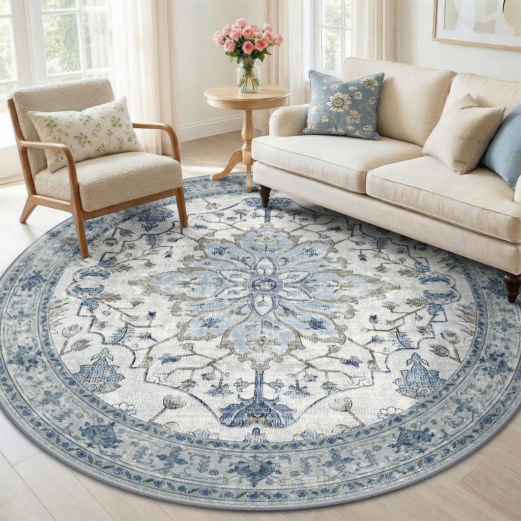 RELEANY Washable Area Rug, Round 6ft, Blue/White/Gray