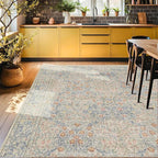 8x10 Washable Rug for Living Room - Stain Resistant Dining Room Rugs for Under Table, Soft Low Pile Large Carpet for Bedroom - Vintage Floral Non-Slip (8x10 Beige Blue)