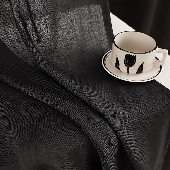 Black Linen Curtains 45 inches Long for Bedroom Back Tab Light Filtering Privacy Semi Sheer Black Curtains Living Room Boho Rustic Farmhouse Cotton Textured Gauze Curtain 2 Panel Set