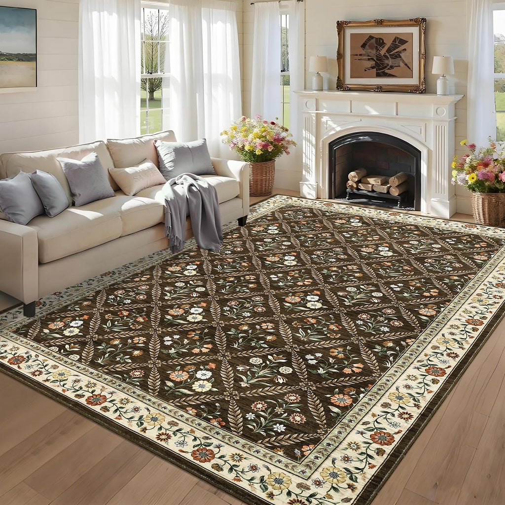 GarveeHome 6x9 Machine Washable Area Rugs for Living Room Floral Stain Resistant Soft Carpet Vintage Low Pile Non Slip Non-Shedding Floor Carpet Rugs for Bedroom Nursery Brown