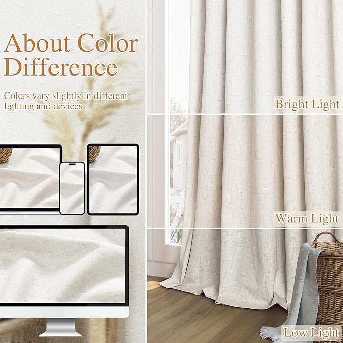 Beige White 100% Blackout Linen Curtains 120 Inch Length 2 Panels Set for Living Room Bedroom Back Tab Thermal Insulated Black Out Drapes Room Darkening Farmhouse Style for Bedroom Window Curtains
