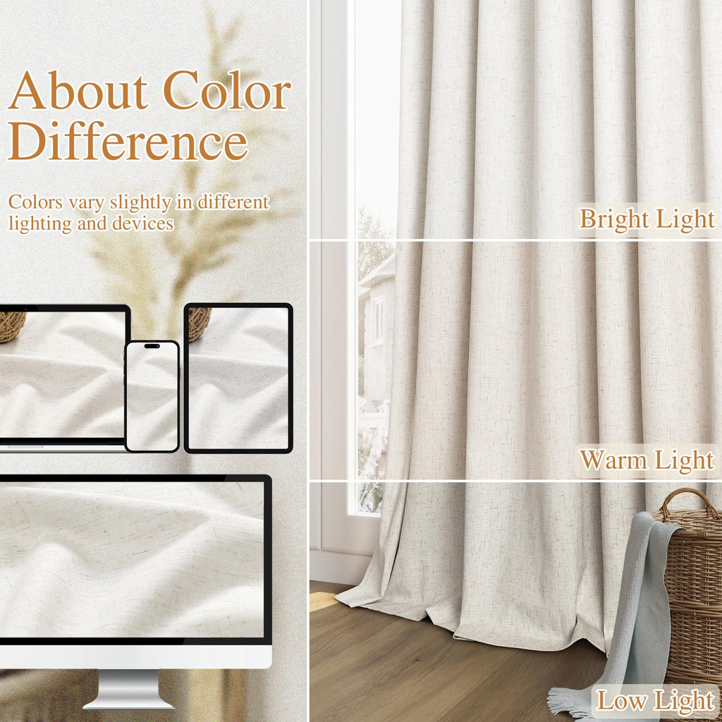 Beige White 100% Blackout Linen Curtains 84 Inch Length 2 Panels Set for Living Room Bedroom Back Tab Thermal Insulated Black Out Drapes Room Darkening Farmhouse Style for Bedroom Window Curtains