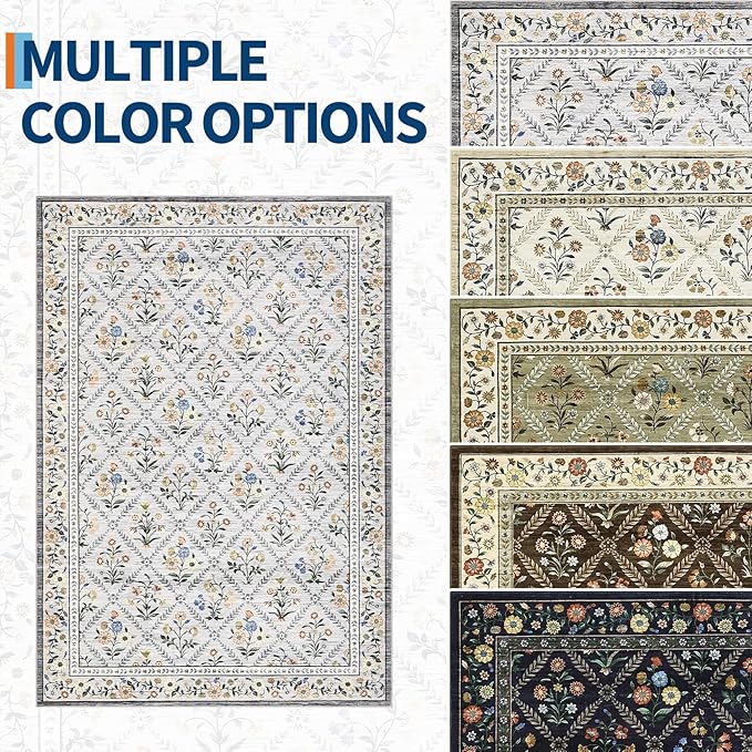 Large Area Rugs 10x13 Washable Rug for Spring Farmhouse Floral Carpet Grey Beige Soft Non Slip Low Pile Faux Wool Stain Resistant for Bedroom Kitchen Bathroom Laundry