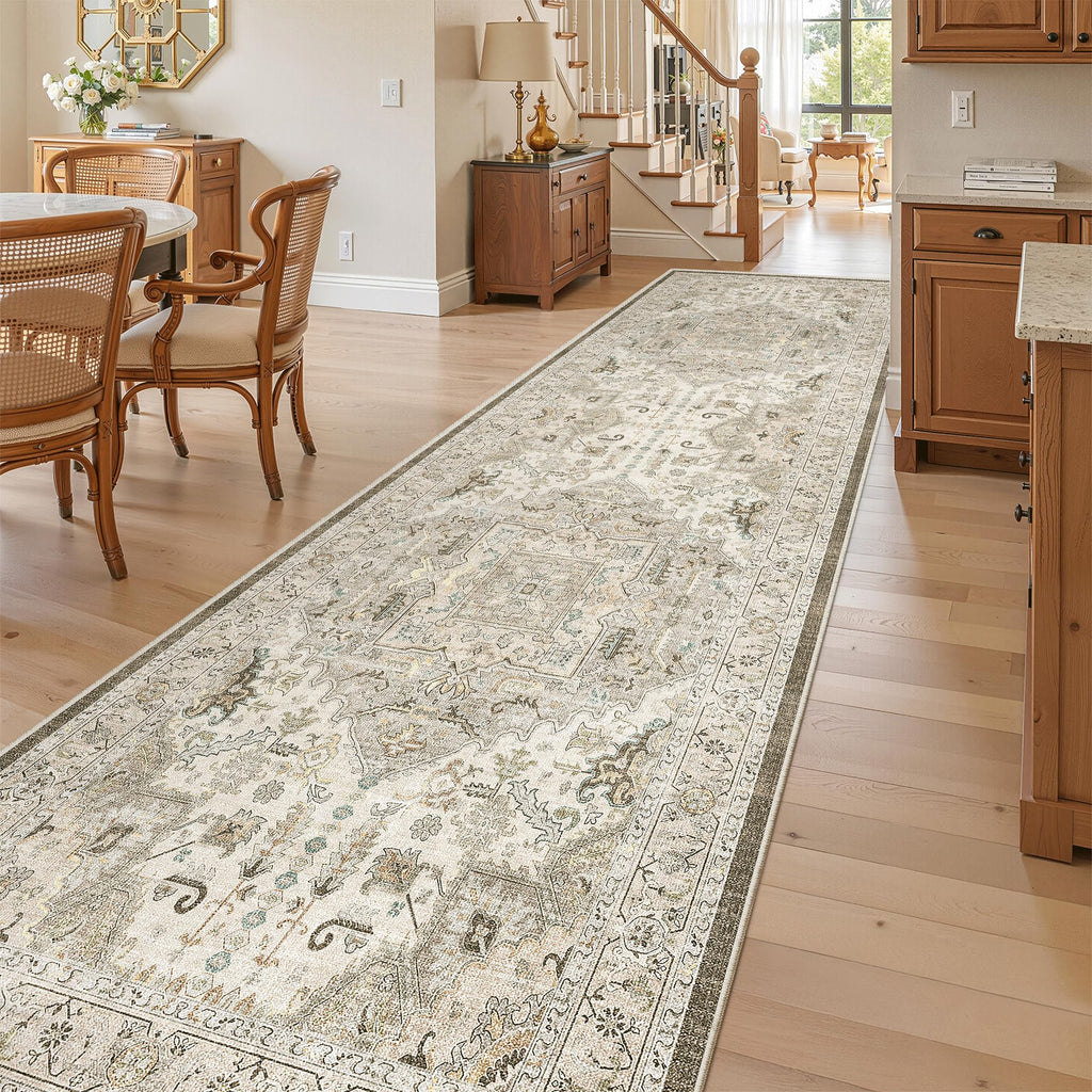 Madane Hallway Runner Rug 3x10 Washable Kitchen Runners 10ft, Ivory/Brown