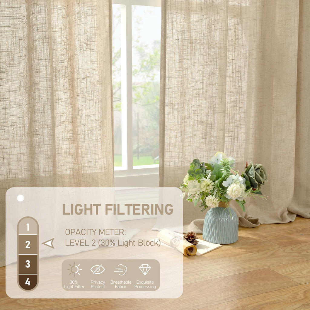 LAMIT 102 Inch Length Light Filtering Sheer Linen Curtains, 52 x 102 Inch