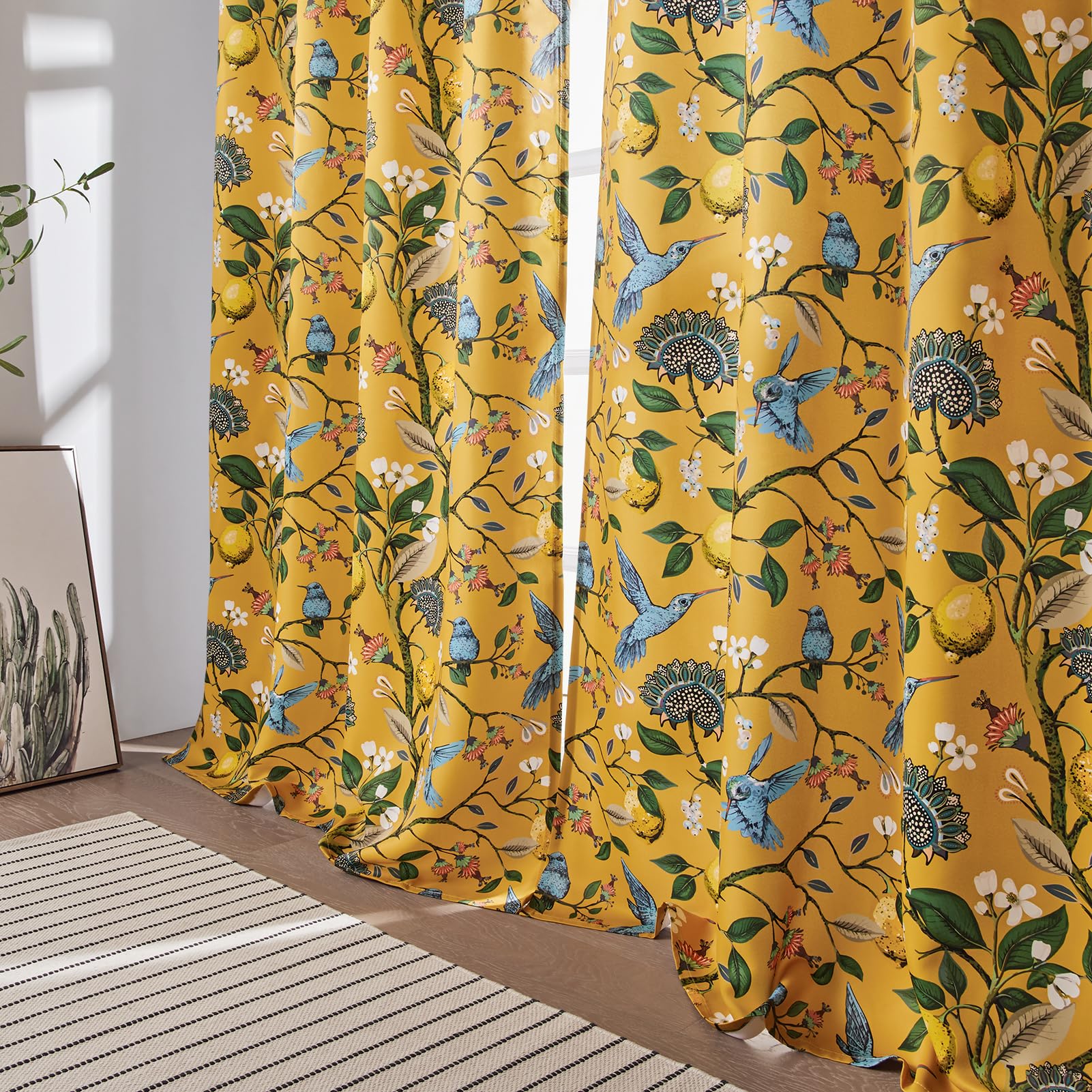 94 Inches Long Custom Satin Window Treatments,Retro Art Deco Floral Hummingbird Patterned Pretty Elegant Mustard Yellow Light Blocking Grommet Curtains Two Pages Curtains for Bedroom Playroom Room