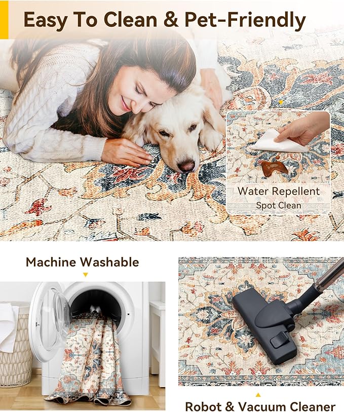 RELEANY Washable Area Rug, Small 2'x4', Beige/Blue/Orange