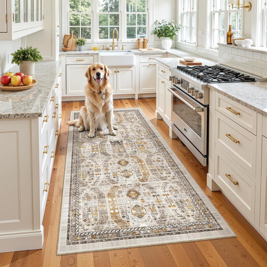Madane Washable Runner Rug 3x6 Runners for Hallways Non Slip, Brown/Gold