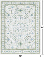 Hazo Haus Cream Oushak 6x8 Bedroom Rug - Boho Floral Cool Blue and Green, Washable Low Pile Non-Slip Ultra-Thin Large Area Rugs for Bed Room, Living Room