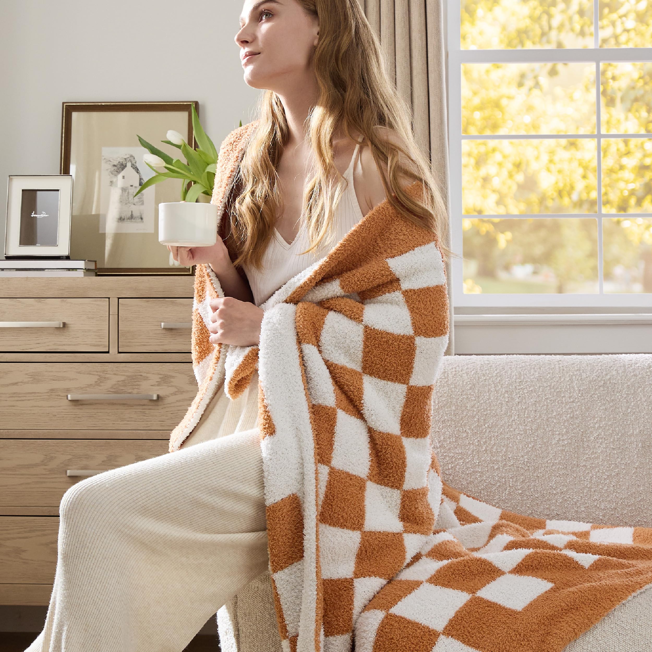 Bedsure GentleSoft Checkered Throw Blanket for Couch - Super Soft Cozy & Warm Knit Burnt Orange Blanket, Breathable, Lightweight & Fluffy Plaid Blankets for Bed, Sofa, Gifts for Women, 50x60 Inches