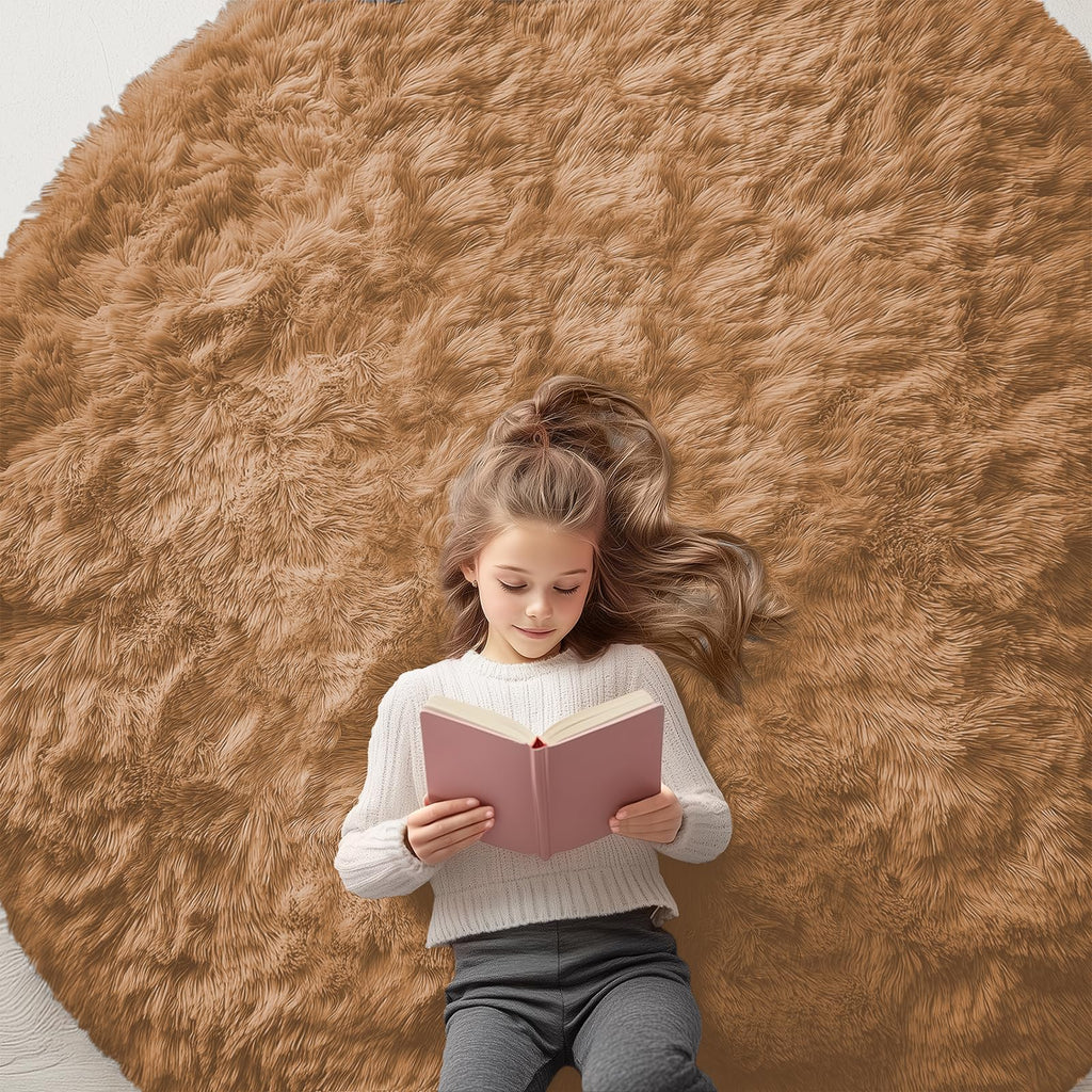 OLANLY Khaki Round Rugs for Bedroom - Machine Washable, 6 ft Circle Area Rugs for Living Room, Soft and Fluffy Shaggy Carpet for Teen Girl and Boys, Nursery Rooms, Dorms, Home Decor Aesthetic