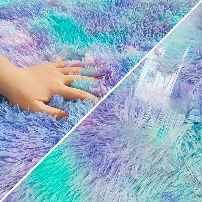 Small Area Rug for Bedroom 2x3ft Mini Tie-Dye Purple Rainbow Fluffy Rug Mat Bedside Throw Rug for Kids Room Boys Teens Nursery Baby Dorm Living Room Home Decor