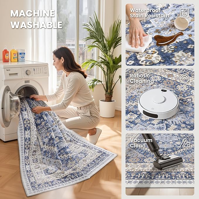 zesthome Runner Rug 2x5 - Stain Resistant Machine Washable Rug, Non Slip Vintage Hallway Runner Rugs, Low Pile Lightweight Runners for Kitchen, Entryway and Corridor