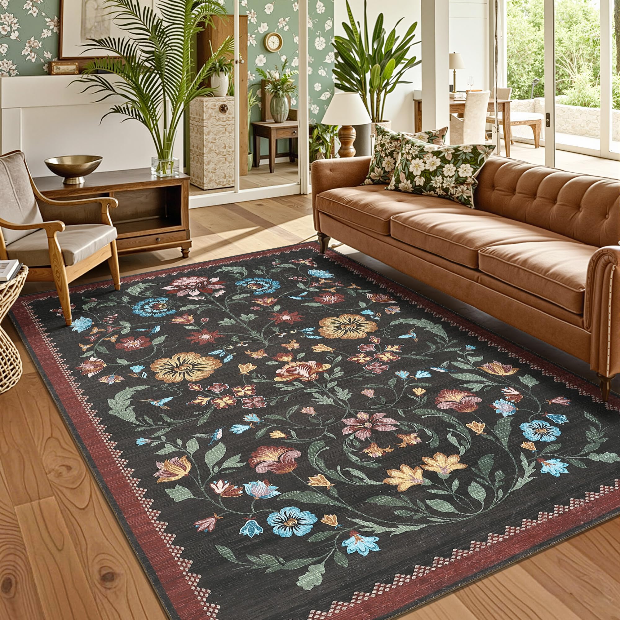 GarveeHome Washable Rug 3x5 Area Rugs for Living Room, Floral Rug for Bedroom, Soft Boho Non Slip Throw Rugs with Rubber Back, Low Pile Stain Resistant Vintage Floral Carpet for Dining Room, Red