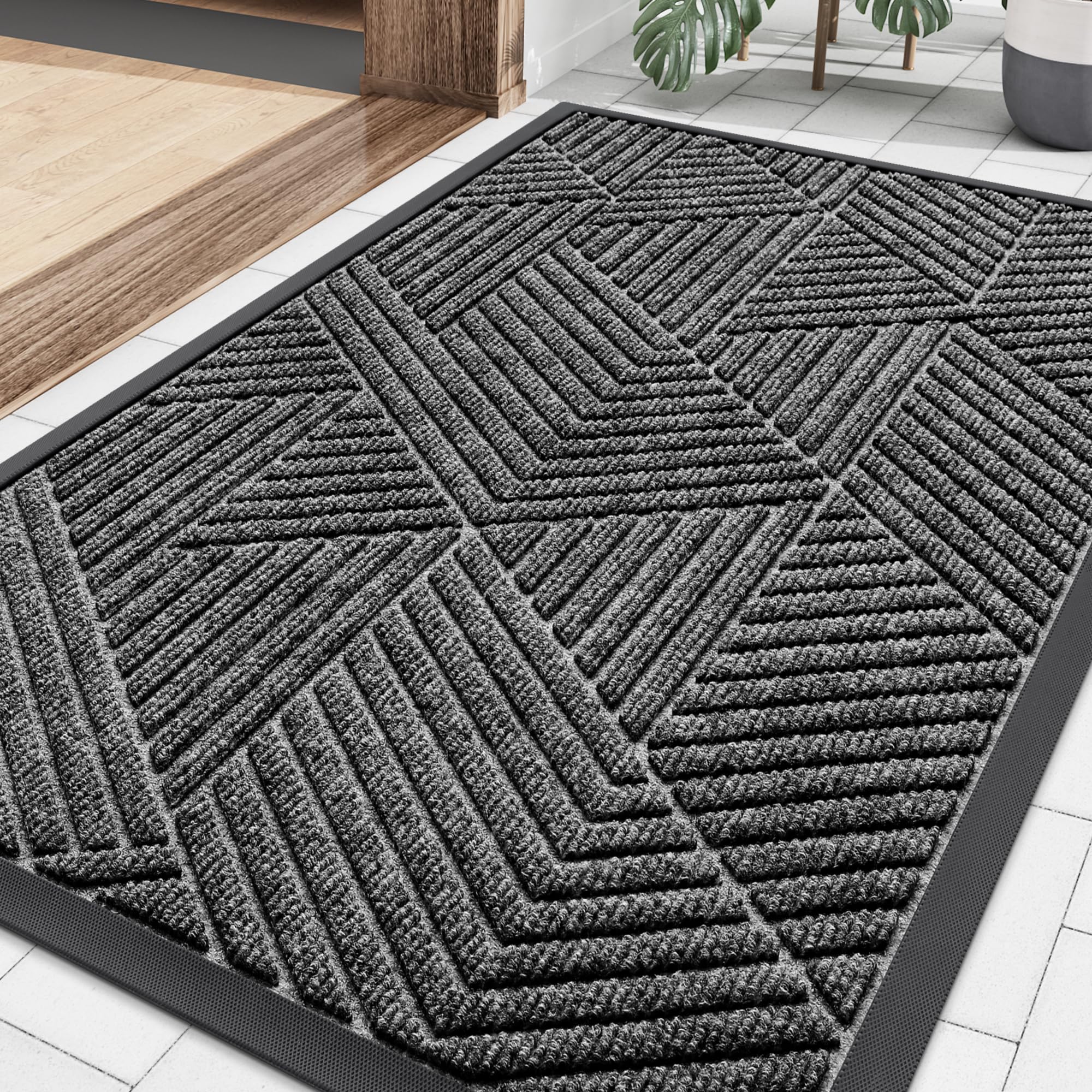 Smiry Front Door Mat Outside Entrance, Heavy Duty Sturdy Natural Rubber Doormat, Trap Dirt and Moisture, Easy Clean Low Profile Mats for Indoor Outdoor Entry, Irregular Triangle (29.5x17, Silver Grey)