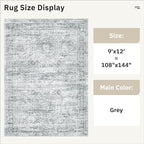 Soalmost 9x12 Area Rugs for Living Room, Non Slip Machine Washable Vintage Rugs, Low Pile Lightweight Large Rug for Bedroom, Dining Room, Home Office Grey