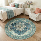 Area Rugs 4ft Washable Non-Slip, Floral Vintage Distress Print Pattern Medallion Carpet for Living Room Bedroom Dining Room, Dark Blue Vintage