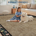 GarveeHome Washable Rugs for Living ROM 8 x 10 Large Area Rug Farmhouse Floral Bordered Bedroom Carpet Indoor Non-Slip Nursery Mat Soft Non Shedding Stain Resistant Carpet for Dining Room, Brown
