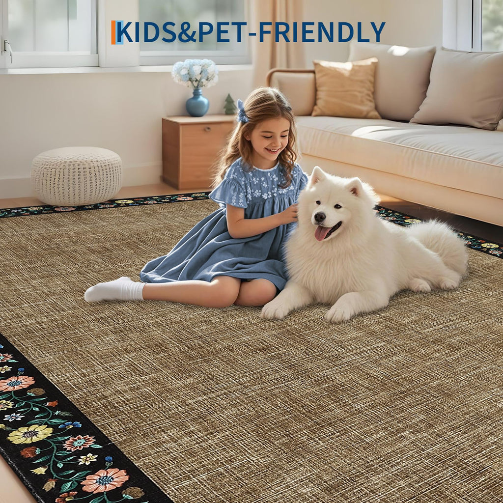 GarveeHome Washable Rugs for Living ROM 8 x 10 Large Area Rug Farmhouse Floral Bordered Bedroom Carpet Indoor Non-Slip Nursery Mat Soft Non Shedding Stain Resistant Carpet for Dining Room, Brown