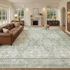 10x14 Area Rugs for Living Room, Non Slip Machine Washable Vintage Rugs, Low Pile Lightweight Large Rug for Bedroom, Dining Room, Home Office Green/Brown