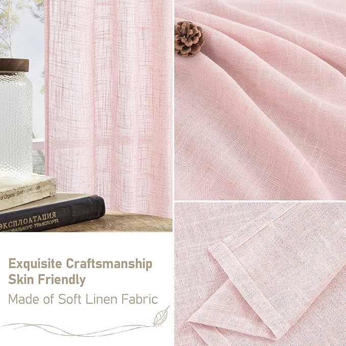 LAMIT Pink Linen Curtains 54 Inch Length 2 Panels, Light Filtering Panels Back Tab and Rod Pocket Neutral Drapes for Kids Room/Window/Bedroom, 52 x 54 Inch