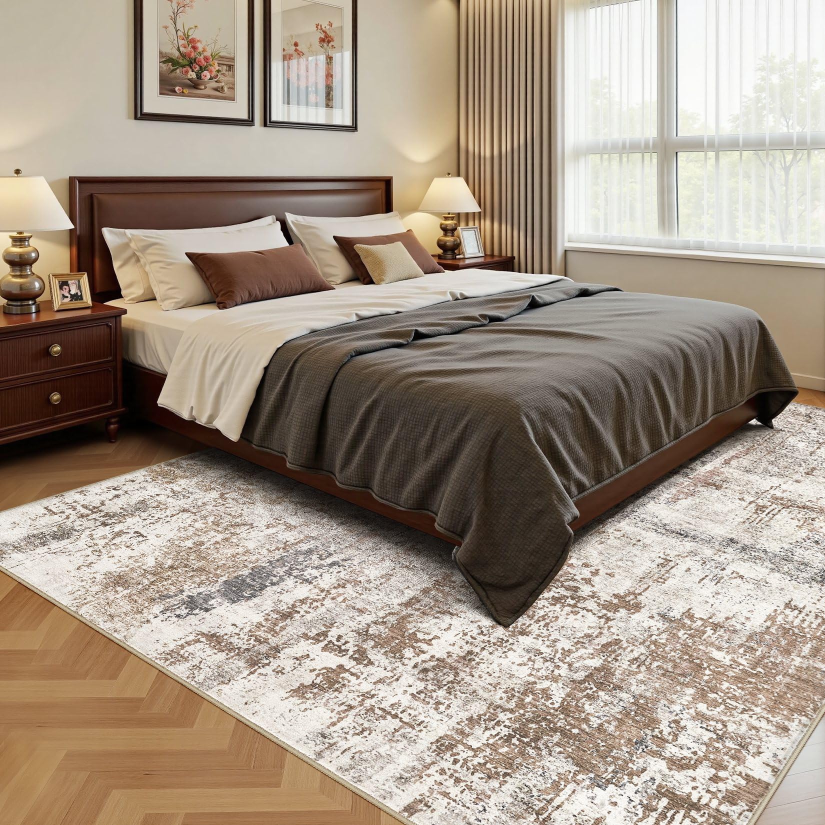 UERMEI Area Rug Living Room Rugs - Washable Neutral Modern Abstract Soft Thin Rug Indoor Floor No Slip Rug Carpet for Bedroom Under Dining Table Home Office Decor - Brown/Grey/Red - 6x9
