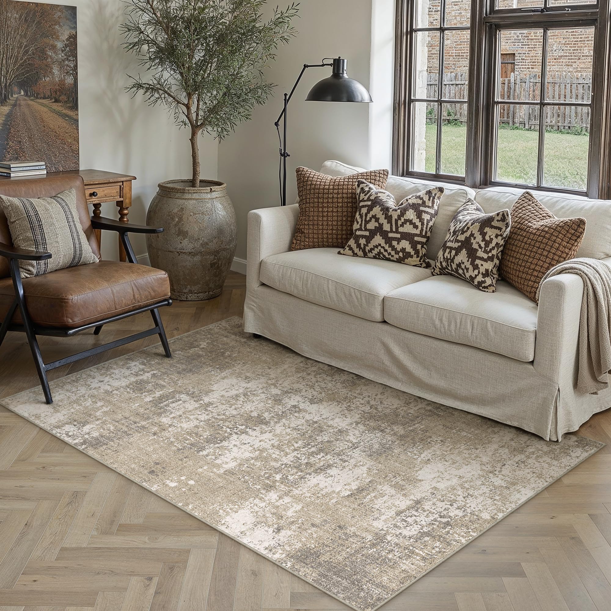 PureCozy Beige Brown Area Rug 3x5 Modern Abstract