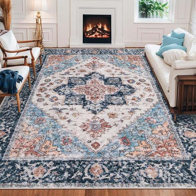 SERISSA 8x10 Washable Non Slip Boho Area Rug for Living Room，Blue Orange