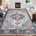 SERISSA 8x10 Washable Non Slip Boho Area Rug for Living Room，Blue Orange