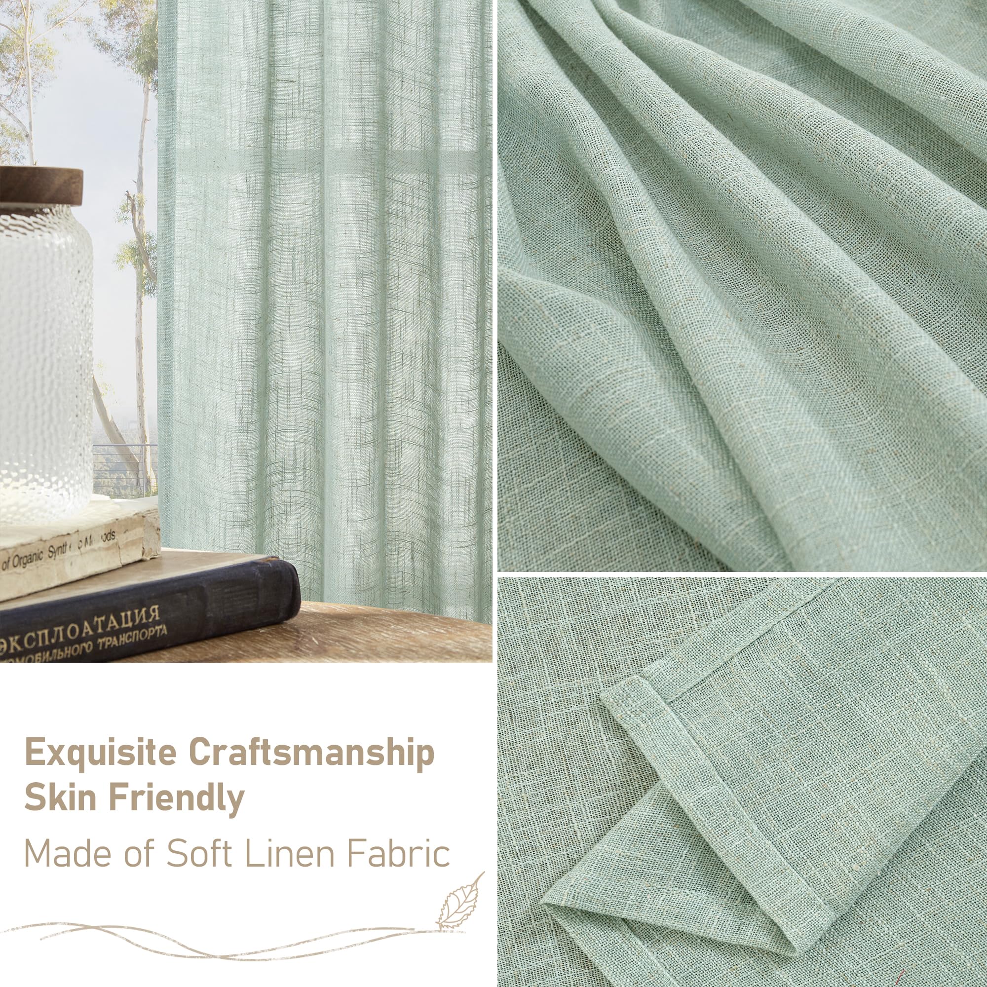 LAMIT Light Sage Linen Sheer Curtains for Bedroom 84 Inches Long, 2 Panels