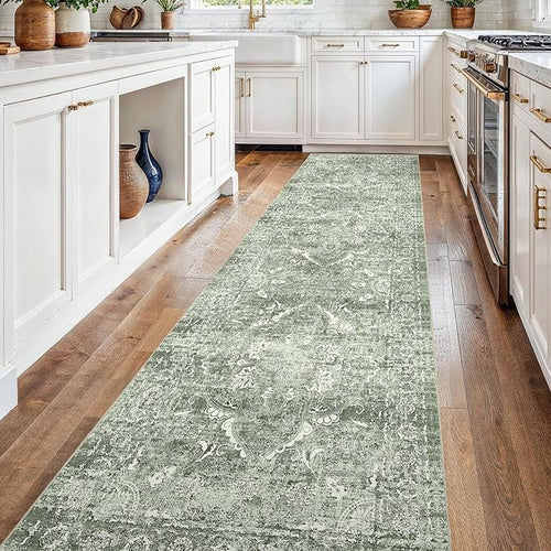 2'6"x14 Washable Long Runner Rug: Vintage Non Slip Hallway Rug SageGreen