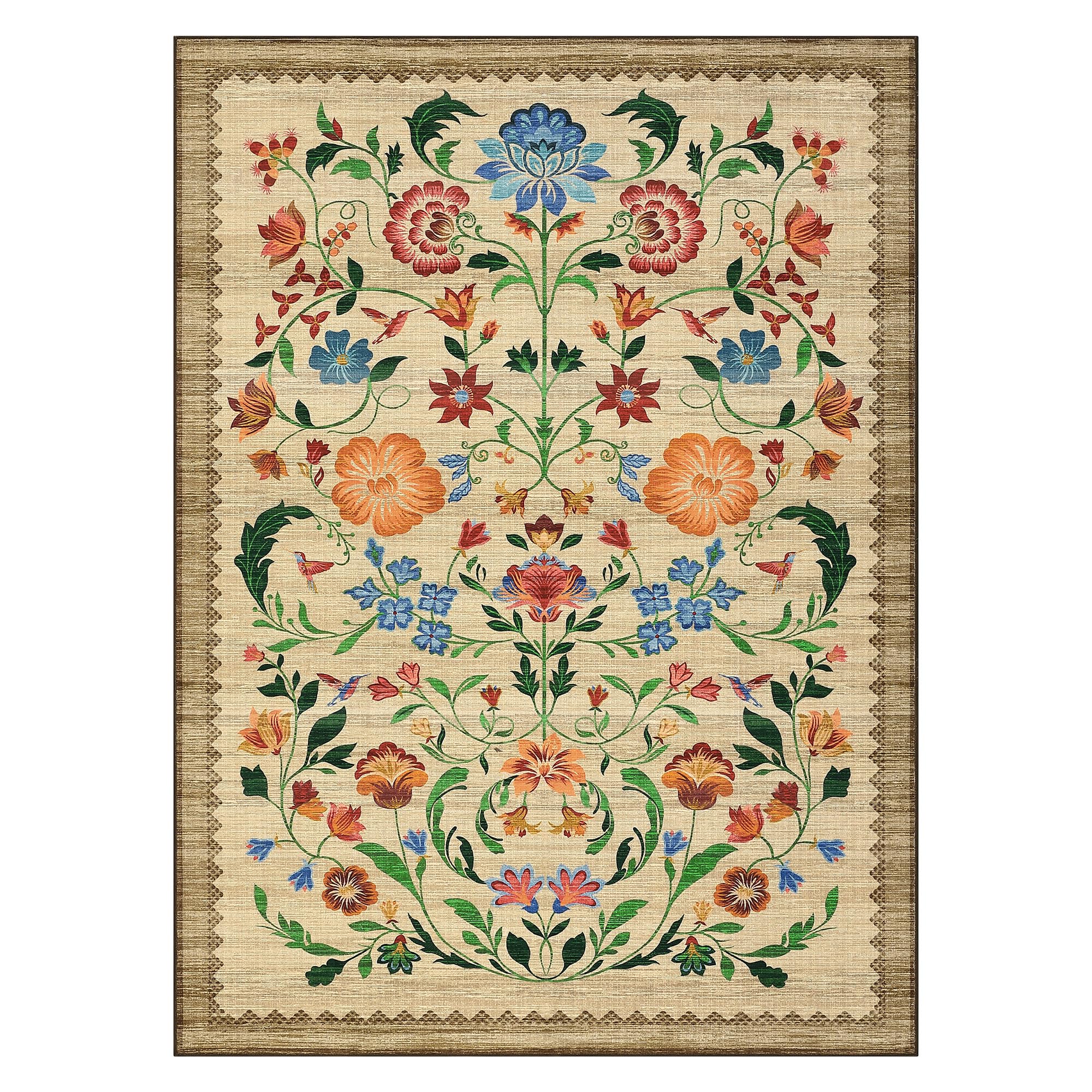 GarveeHome Washable Rug 4x6 Area Rugs for Living Room, Floral Rug for Bedroom, Soft Boho Non Slip Throw Rugs with Rubber Back, Low Pile Stain Resistant Vintage Floral Carpet for Dining Room, Beige