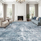 10x14 Area Rugs for Living Room, Non Slip Machine Washable Vintage Rugs, Low Pile Lightweight Large Rug for Bedroom, Dining Room, Home Office Blue