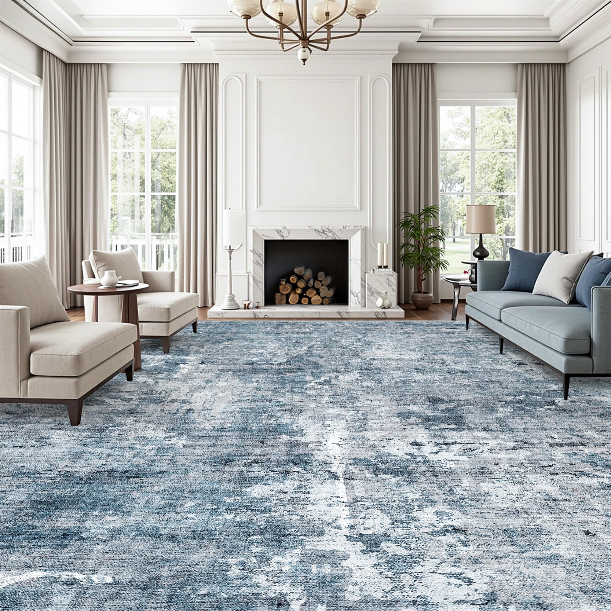Soalmost 10x14 Area Rugs for Living Room Washable Rug Abstract Blue/Grey