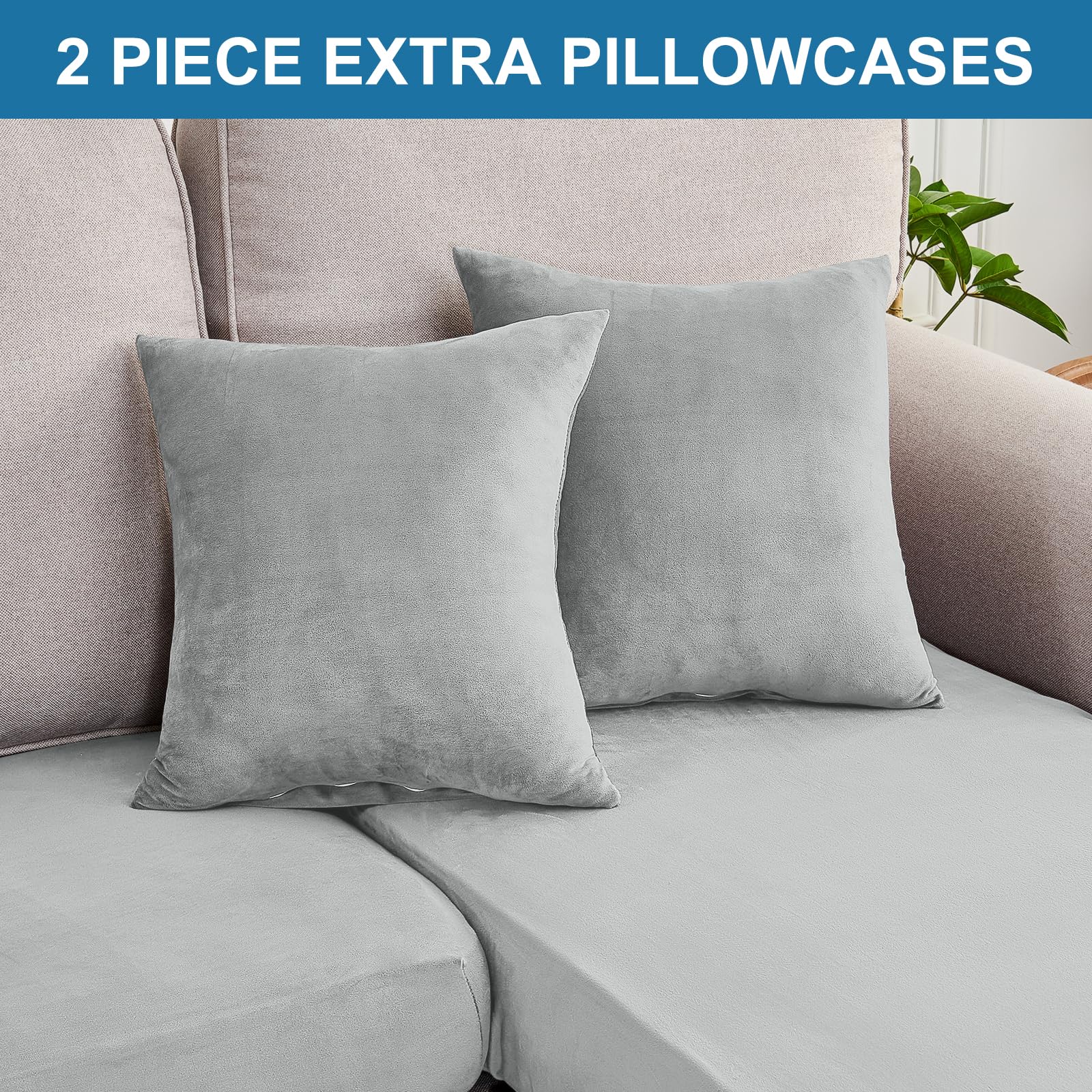 Taque Couch Cover 8-Piece Elastic Velvet Couch Cushion Covers & Chaise Slipcovers for L-Shaped Sofas - Sofa Seat Covers Washable, Soft Protector for Couches (7 Seater + Chaise, Light Grey)