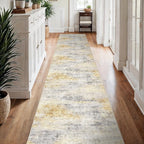 3x15 Washable Kitchen Runner Rug: Modern Abstract Runners for Hallway Soft Non Slip Rugs with Rubber Backing Low Pile Thin Waterproof Floor Carpet for Entryway Bedroom Bathroom Indoor 3x15 Grey/Yellow