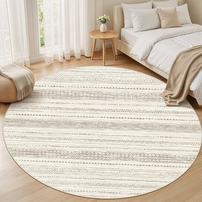 Nakagishi Round Rug Boho Area Rugs: 8x8 Washable Large Circle Neutral Soft Stain Resistant Non-Slip Carpet for Women Aged 25-45 Farmhouse Decor Enthusiasts - Living Room Bedroom Dining Room Nursery
